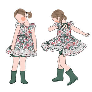 2025 toptan özel yeni dantel yay şort prenses elbise etek çiçek kısa kollu kız fırfır kollu tunik seti - Product Image 6