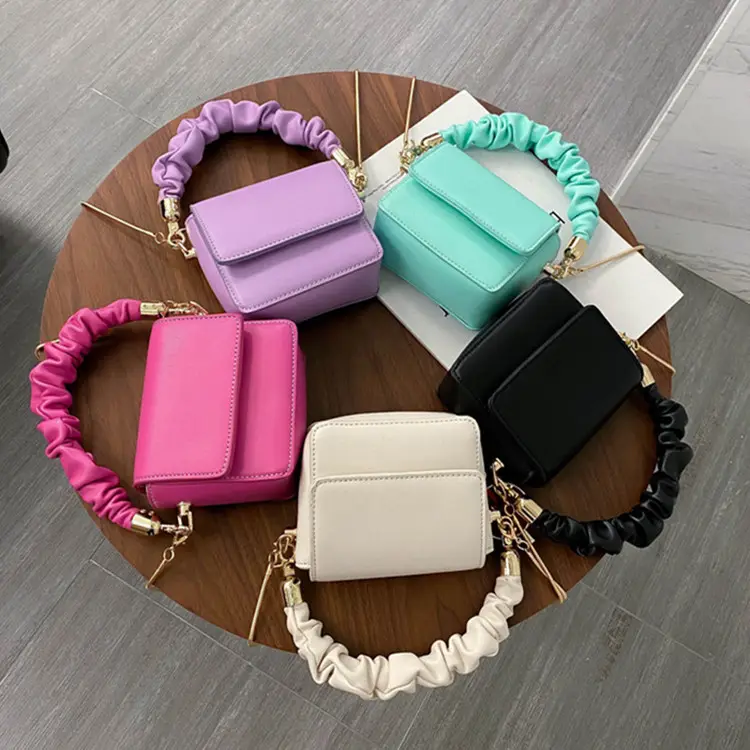 Summer Bright Candy Color Crinkle Handle PU Mini Tote Bag Small Cross Body Bag with Metal Chain