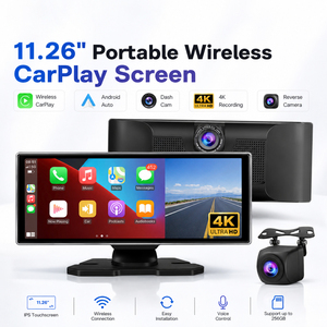Podofo 11.26'' Moniteur DVR portable sans fil CarPlay Android Auto 4K à double objectif, autoradio compatible avec caméra de recul pour voitures, camions et fourgonnettes - Product Image 1