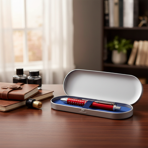 Metal Oval <b>Box</b> For <b>Pen</b> Storage With Blue Interior And Silver Finish - Product Image 3