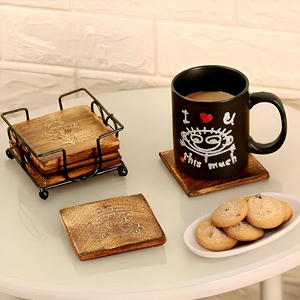 Wooden Coasters <b>Set</b> of 6 with Iron Holder <b>Round</b> Tea Coffee Cup Coaster <b>Set</b> <b>for</b> <b>Dining</b> <b>Table</b> Home Kitchen Office Decor - Product Image 4