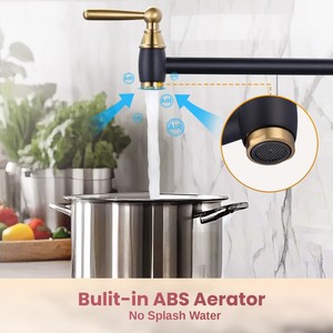 Grifo de llenado de ollas, Oro Negro, latón macizo, grifo de estufa de cocina de montaje en pared con brazos oscilantes de doble junta - Product Image 2