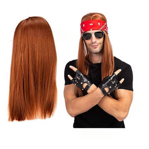Conjunto de pulsera Punk de <span class=keywords><strong>disfraz</strong></span> de Peluca de Rock <span class=keywords><strong>Hippie</strong></span> europeo y americano, accesorios de rendimiento de pelo liso marrón de los años 1950 1960 - Product Image 3