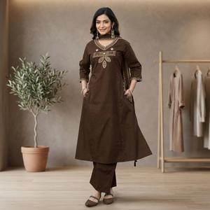 Robes Kurta brodées marron à manches trois quarts, coupe trapèze ample, tenue décontractée pour femmes, 100% coton, détails faits main - Product Image 3