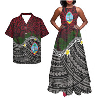 Elegante Conjunto a Juego para Parejas con Estampado Tropical del Logotipo de Guam, Vestido Casual sin Mangas de Lujo para Mujer y Camisa Aloha para Hombre
