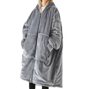 Warm Oversized Wearable Sherpa Hoodie Blanket Sweatshirt With Zipper Sleeves