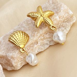 Fashion Premium 18K Gold Plated Stainless Steel Jewelry Custom Women Elegant Shell and Starfish Irregularity <b>Pearl</b> <b>Drop</b> <b>Earrings</b> - Product Image 6