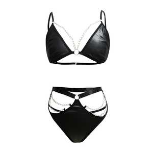 Hot Selling Black PU Exotic Bra Panty Sexy Babydoll Metal Chain <strong>Mature</strong> Women <strong>Latex</strong> Lingerie Leather Lingerie - Product Image 6