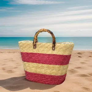 Großhandel benutzer definierte gewebte rote Streifen Weizen Stroh Taschen Tasche Sommer Strand Korb Frauen Korb Handtaschen