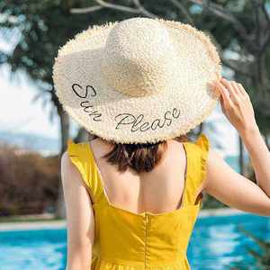 Chapeaux de plage en paille de raphia tissés à la main avec des <span class=keywords><strong>mots</strong></span> brodés Sun Please pour femmes - Product Image 6
