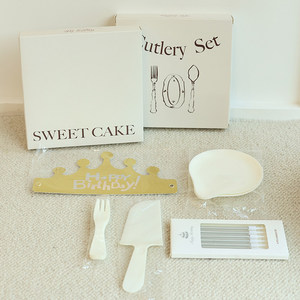 Ensemble de vaisselle française personnalisé pour gâteau d'anniversaire, couteau, fourchette, assiette, <span class=keywords><strong>film</strong></span> d'étanchéité en plastique de qualité alimentaire, haut de gamme, motif goutte d'eau, cinq-en-un - Product Image 2