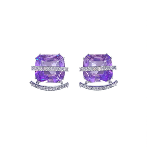 E2899 <b>Purple</b> Gemstone Stud Earrings <b>Cushion</b> Cut Geometric Design Claw Setting Women's Fashion Jewelry Party Trendy Alloy - Product Image 1