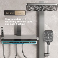 Ensemble de douche thermostatique numérique à LED pour salle de bains Système 4 fonctions Laiton poli Cuivre Robinet à jet filtré Pomme de douche pour baignoire