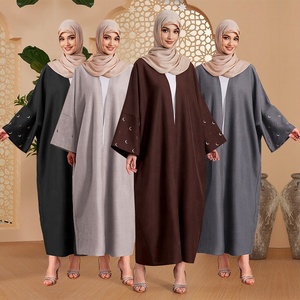 Habib EID poliéster Lino Abaya Color sólido mujeres Kimono Cardigan Abaya Femmes Robe Musulmane Luna bordado abierto Abaya - Product Image 1