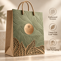 Sac cadeau en carton recyclé avec poignée en corde de coton, motif artistique découpé au laser avec relief veineux pour emballage cadeau et artisanat
