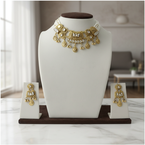 Antiques <b>Silver</b> Gold Finish and Matching Earrings Traditional 925 <b>Silver</b> Pearl Choker <b>Necklace</b> <b>Set</b> with Kundan Work - Product Image 3