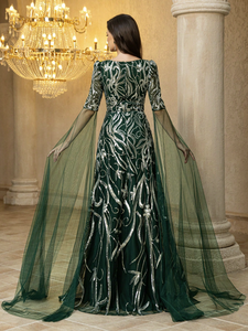 <span class=keywords><strong>Vestido</strong></span> de Noche de Lujo para Mujer, Estilo Vintage, Color <span class=keywords><strong>Verde</strong></span> <span class=keywords><strong>Esmeralda</strong></span>, Corte en A, con Mangas Transparentes y Escote Corazón, Adornado con Lentejuelas Bordadas - Product Image 2