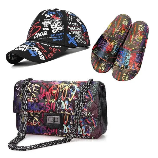 Sombrero con Graffiti y monederos para mujer, zapatillas de béisbol y conjuntos de bolsas, sandalias de diseñador con bolsos, zapatos al por mayor de verano