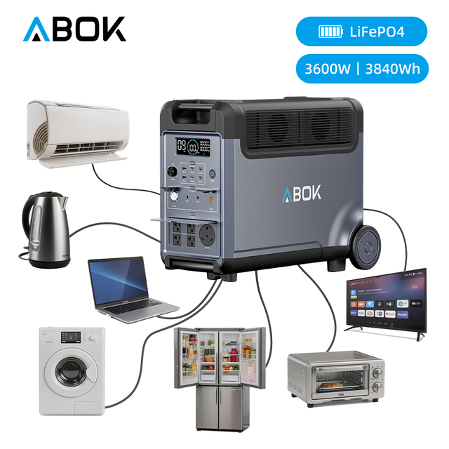 ABOK 2026 Hot Sale 3600W LiFePO4 Portable Power Station Solar Generator 2000W MPPT for RV Air Conditioner Camping Off Grid