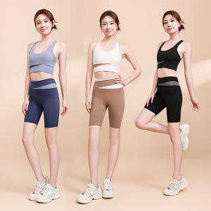 ชุดกางเกงขาสั้นเอวสูงสำหรับเล่นโยคะกางเกงเอวลอยทรงสลิมมิ่งเอวสูงควบคุมช่วงก้นสีพีชดีไซน์บล็อกสีฤดูร้อน - Product Image 4