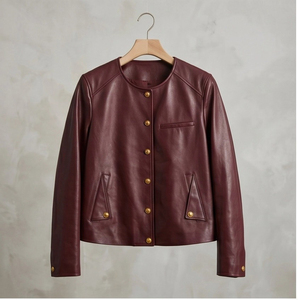 <strong>Women</strong> Coat Wine Red Crew Collar Gold Buttons Multi Split Pockets <strong>Petite</strong> Short Commuter <strong>Leather</strong> <strong>Jacket</strong> - Product Image 2