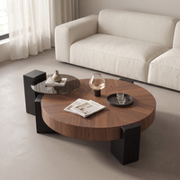 Ensemble de 2 tables basses, table principale en placage de noyer à chevrons, table d'appoint en verre fumé, mobilier de salon moderne extensible