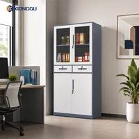 Armoire de bureau en acier bicolore avec porte vitrée, tiroirs et casiers de rangement pour l'archivage au bureau