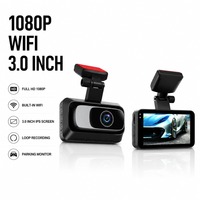 Caméra de tableau de bord intelligente pour voiture, double objectif DVR avec WiFi, écran 3 pouces, batterie 300 mAh, port USB, enregistrement en boucle 64 Go, 1080P