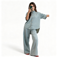 Ensemble deux pièces en jean bleu clair à manches courtes boutonné sur le devant pour femme, haut et jupe longue, vente en gros OEM ODM