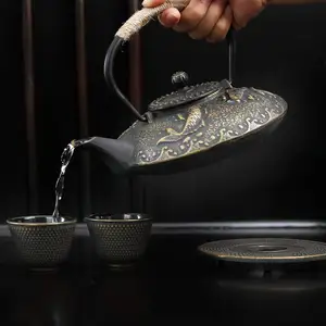 Teapot 7Pcs Tea Pot Gift Set Koi Fish Design New Cast Iron Kettle Cup Trivet Fork Set Stove Top Teapot Jug