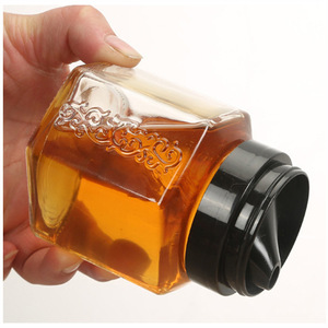 Nieuwe Producten Unieke 350G/700G Zeshoekige Glazen Pot Honing Dispenser Honing Jam Koken Olie Fles Pot Met plastic Deksel