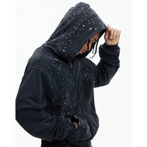 Sweat à capuche zippé personnalisé 100 % coton, style vintage French Terry Y2K, délavé à l'acide, orné de strass et de cristaux, clouté de diamants, pour l'automne - Product Image 1