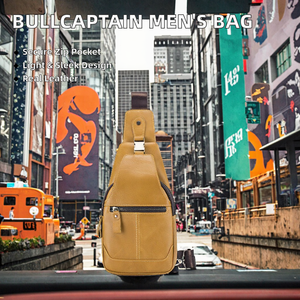 Bolso Mensajero de Cuero Genuino Ligero para Hombre BULLCAPTAIN, Diseño Geométrico, Bolsillo con Cremallera Oculta, para Senderismo y Ciclismo - Product Image 2