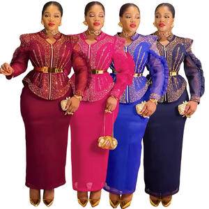 Tradition bâton diamant <span class=keywords><strong>Bazin</strong></span> Robe de soirée de mariage 2 pièces ensemble Polyester hauts jupes Dashiki Ankara Robe tenue africaine pour les femmes - Product Image 2