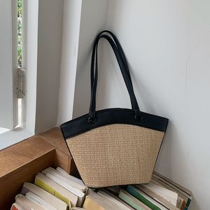 Bolso Tote de Paja Retro Francés para Mujer, Color Marrón Albaricoque Sólido, Tejido, con Cierre Magnético, Verano 2023, para Uso Diario - Product Image 3