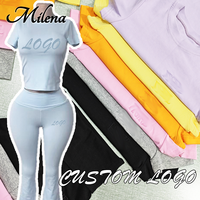 Ensemble deux pièces pour femmes avec t-shirt à manches courtes à logo personnalisé et pantalon à ourlet évasé, coupe régulière, sport décontracté, printemps/été, spandex/coton