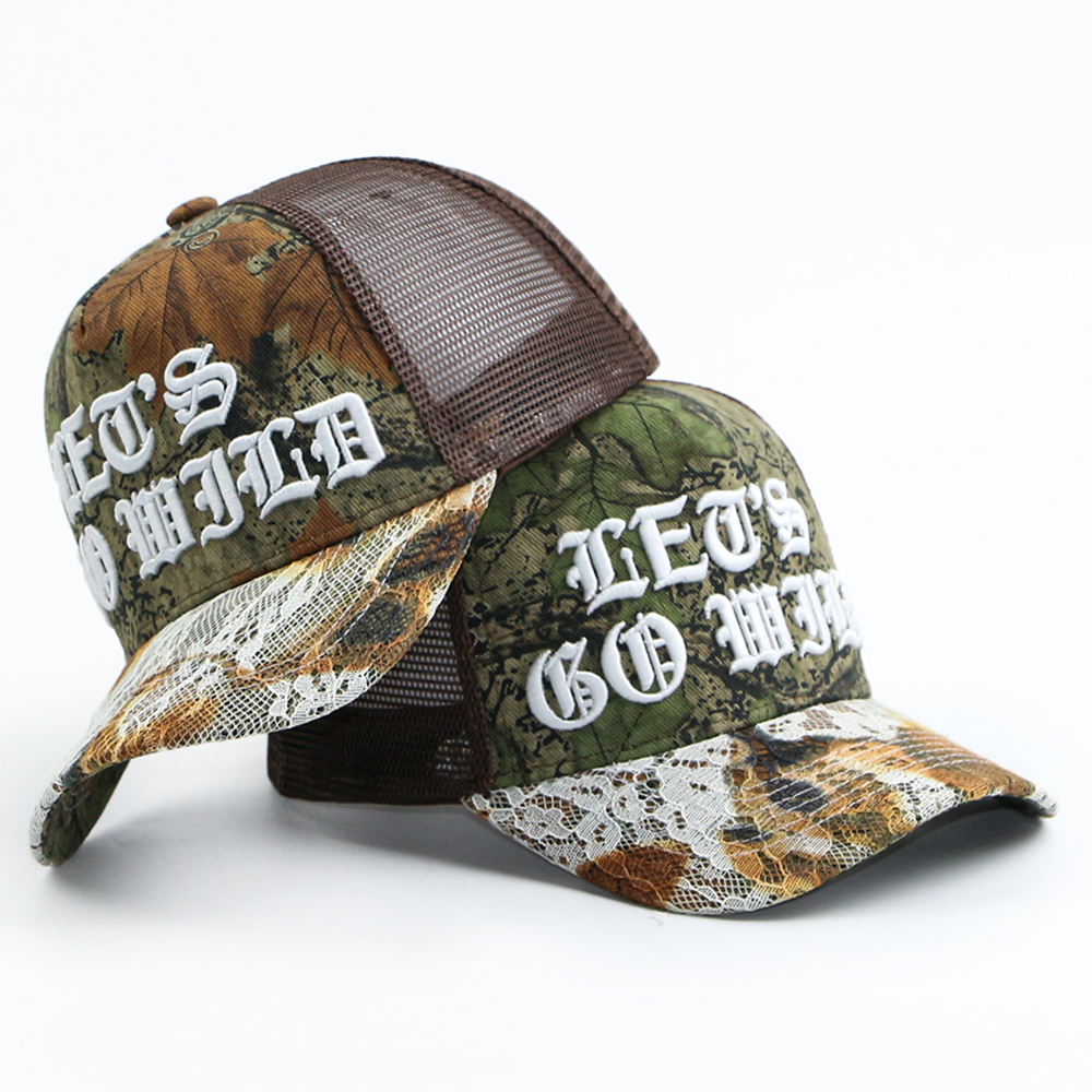 High Quality 5 Panel Sports Baseball Cap With Mesh Custom Old English Font Embroidery 100% Cotton Camouflage Print Trucker Hats