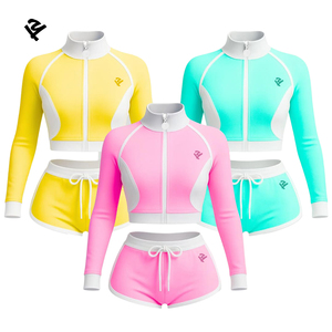 Completo Sportivo Corto Personalizzato a Tre Pezzi con Top, Giacca con Zip e <span class=keywords><strong>Pantaloncini</strong></span> da Yoga di Alta Qualità per <span class=keywords><strong>Donna</strong></span> - Product Image 1