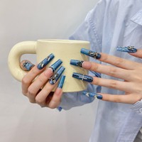 Faux ongles longs en forme de cercueil faits à la main, bleu denim, avec crâne argenté 3D, papillon et ange, style gothique punk Y2K, pour l'industrie lourde, vente en gros