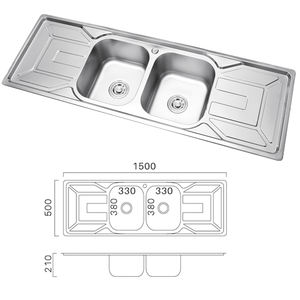 Évier de cuisine en acier inoxydable SUS201 TC 1500x500mm avec égouttoir, deux trous, installation au-dessus du comptoir, usage commercial - Product Image 2