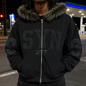Veste d'hiver streetwear Yingling pour homme, en fausse <span class=keywords><strong>fourrure</strong></span>, noire, entièrement zippée, avec broderie et appliqué effet vieilli, en polaire épaisse 450g - Product Image 1