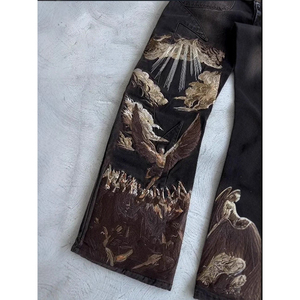 Người Đàn Ông Của Baggy Cổ Điển Thẳng Chân Đen Axit Rửa Sạch Quần Jeans Quá Khổ 3D Thêu Thiết Kế Mô Hình Denim Vải - Product Image 2