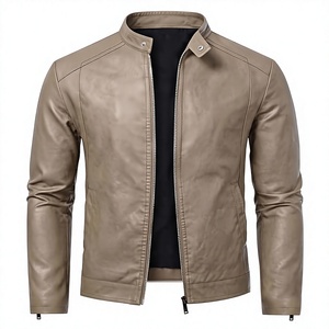 Chaqueta de Cuero PU para Hombre, Corte Entallado, Cuello Alto, Cierre de Cremallera, Color Beige Sólido, Largo Regular, Estilo Casual para Otoño - Product Image 1