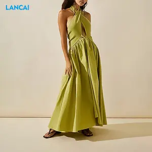 Abiti da donna di alta qualità Casual verde scollo all'americana senza schienale scava fuori il Maxi vestito a-line