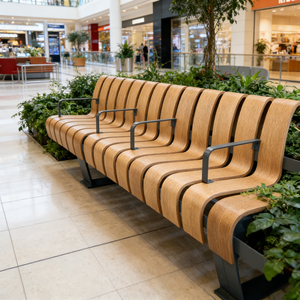 Banco Comercial Contemporáneo con Listones de Madera Curvados, Respaldo y Reposabrazos, Muebles para Espacios Públicos Interiores - Product Image 2