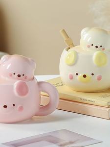 Taza de cerámica de oso acogedor con tapa, pajita y platillo, taza de café con diseño de Animal bonito para mujeres y niñas, regalo para parejas - Product Image 5