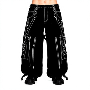 Pantalon Harem Noir pour Homme avec Multiples Poches, Taille Élastique à Cordon, Style Urbain Décontracté, en Toile - Product Image 1