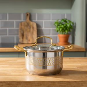 Casserole en acier inoxydable avec motif doré et couvercle en verre, design moderne et luxueux, durable, pour cuisinière à gaz et à induction - Product Image 6