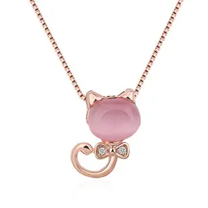 Fashion Jewelry Elegant Pink Opal Rose Gold Cat Pendant Necklace For Women With Box Chain