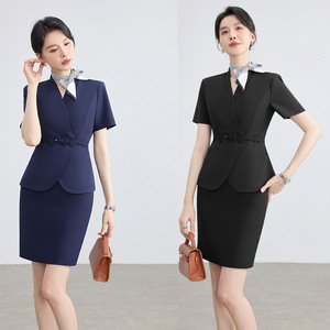Women's Suit Set Short Sleeve Formal Work Uniform Navy Blue Black Slim Fit Professional Attire For Office Commuting - Product Image 1